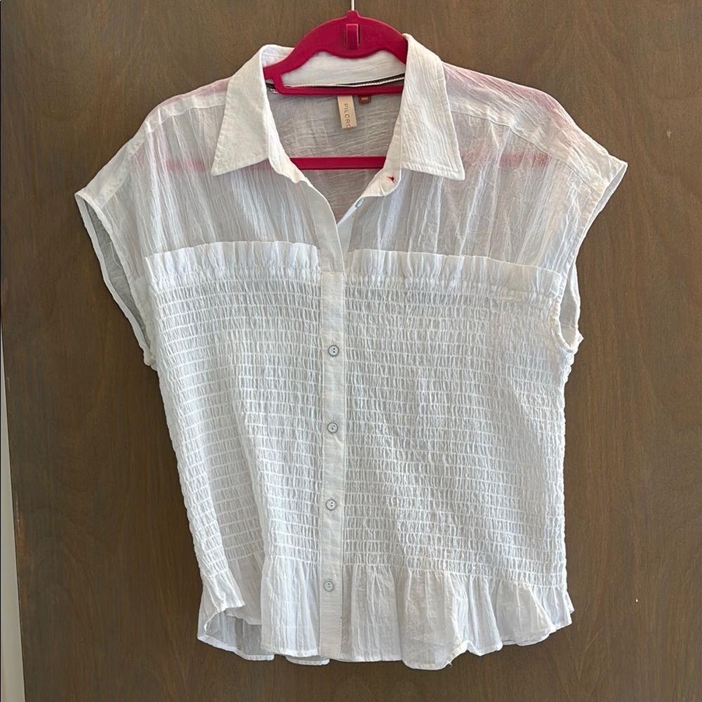 Pilcro White Button Down Shirt with Notched Collar and Cap Sleeves